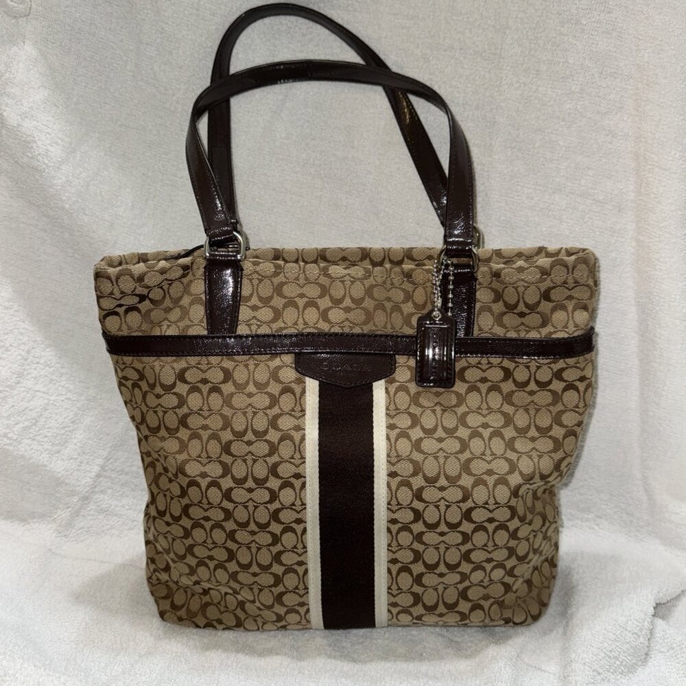 Coach‎ signature stripe tote bag brown